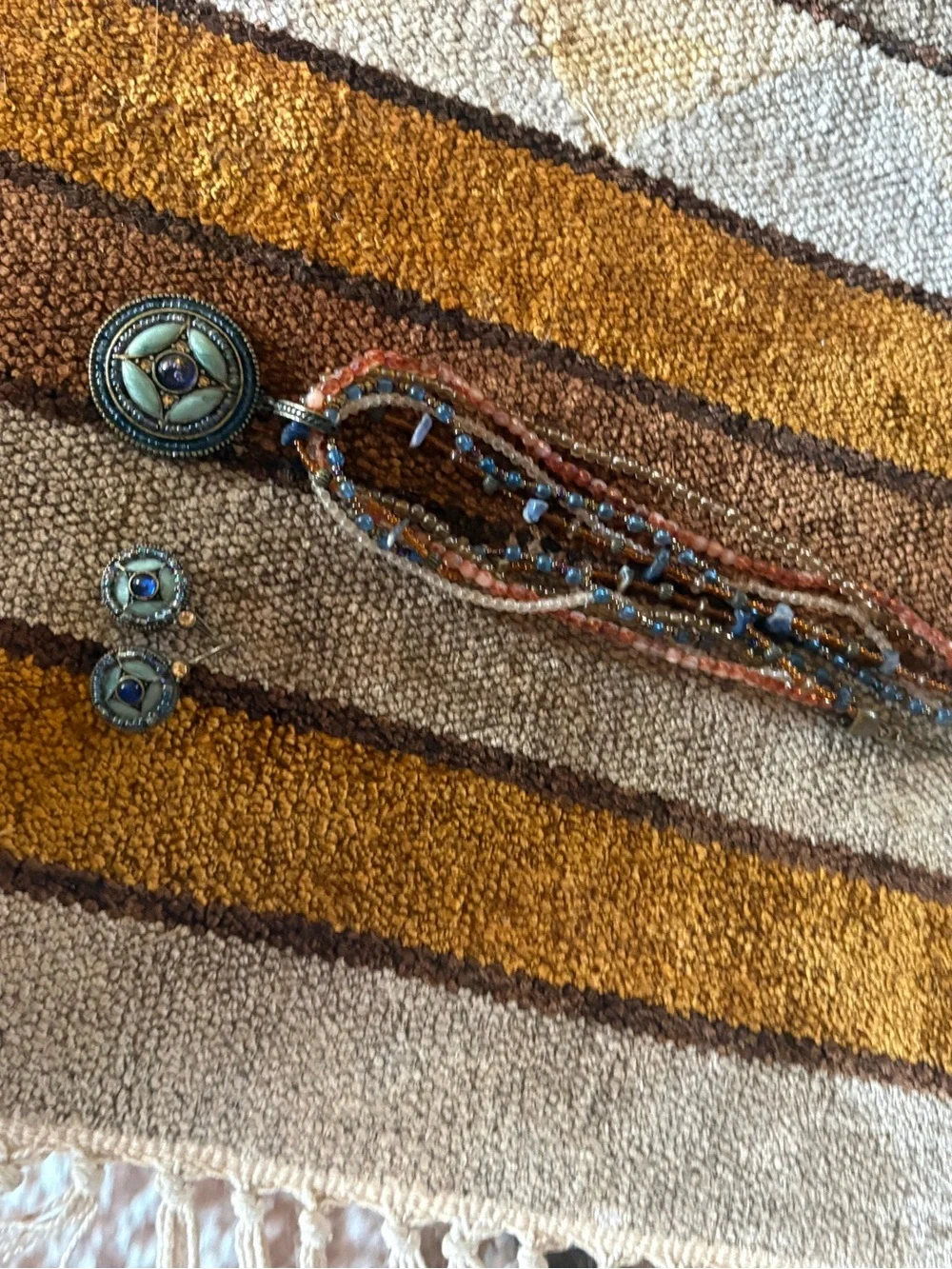 Bohemian Multistrand Beaded Necklace with Matching Earrings - Blue & Brown